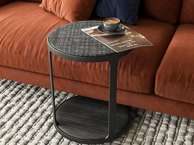 Modern Side Table with Coffee Cup and Magazine by Orange Sofa on Woven Rug 3d model