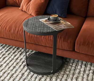Modern Side Table with Coffee Cup and Magazine by Orange Sofa on Woven Rug 3d model