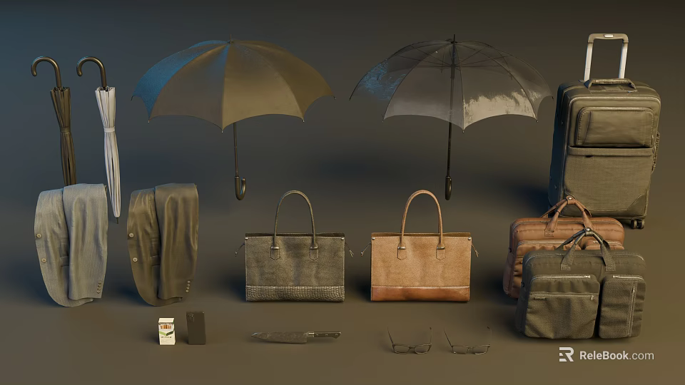 Everyday Travel Accessories Collection Featuring Umbrellas Handbags Suitcases Glasses and Wallets 3d model 