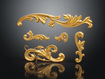Golden Carved Decorative Elements With Intricate Floral And Curved Patterns 3d model