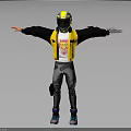 Motorcycle Rider Character In Yellow Helmet Vest Black Jacket And Gray Pants With Arms Outstretched