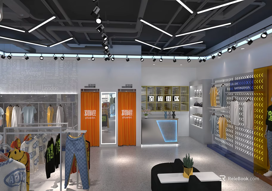 Modern Clothing Store Interior With Displayed Clothes Orange Doors Checkout Counter And Display Racks 3d model 