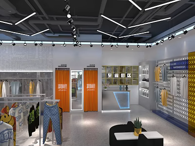 Modern Clothing Store Interior With Displayed Clothes Orange Doors Checkout Counter And Display Racks 3d model