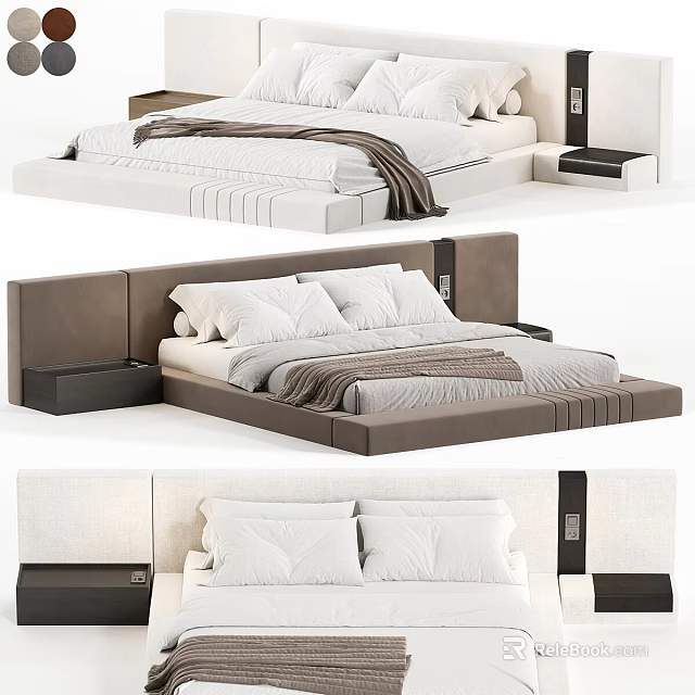 Modern Double Bed With Upholstered Headboard Gray Frame White Pillows And Storage Drawers 3d model 