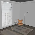 White Window Blinds In Modern Living Room With Orange Chair Floor Lamp And Side Table