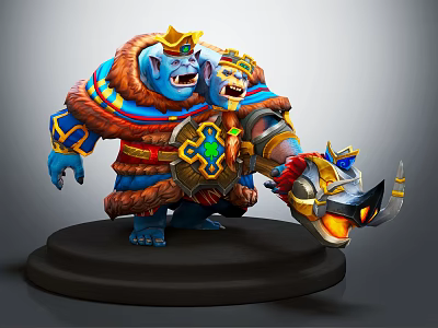 Blue Skinned Character With Golden Crown And Rhino Horn Weapon Featuring Small Companion 3d model