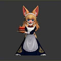 Anime Game Character With Fox Ears Blonde Hair In Blue Maid Dress Holding Red Cake