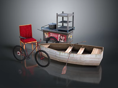 Vintage Red Chair Bicycle Wooden Boat And Cart With Shelves Scene 3d model