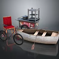 Vintage Red Chair Bicycle Wooden Boat And Cart With Shelves Scene