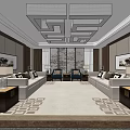 Hotel Public Lounge With Comfortable Sofas Chandeliers Decorative Paintings And Patterned Carpet 3d model
