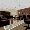 Modern Office Interior Design With Wooden Desk Black Office Chairs Bookshelves And Green Plants