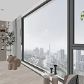 Modern Home Balcony Interior With Large Windows City View And Cozy Chair