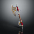 Ornate Fantasy Battle Axe With Golden Decorations Red Handle And Spiked Metal Blade
