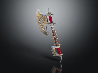 Ornate Fantasy Battle Axe With Golden Decorations Red Handle And Spiked Metal Blade 3d model