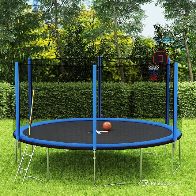 Outdoor Trampoline With Blue Frame Black Mat Ladder Orange Ball Basketball Hoop On Green Lawn 3d model 