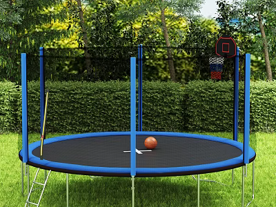 Outdoor Trampoline With Blue Frame Black Mat Ladder Orange Ball Basketball Hoop On Green Lawn 3d model
