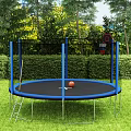 Outdoor Trampoline With Blue Frame Black Mat Ladder Orange Ball Basketball Hoop On Green Lawn