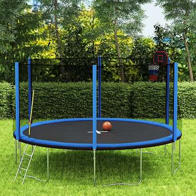 Outdoor Trampoline With Blue Frame Black Mat Ladder Orange Ball Basketball Hoop On Green Lawn 3d model