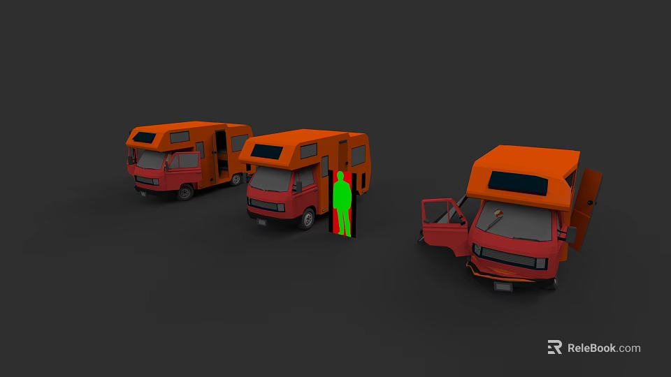Three Orange RVs With Open Doors And Human Silhouette Design 3d model 