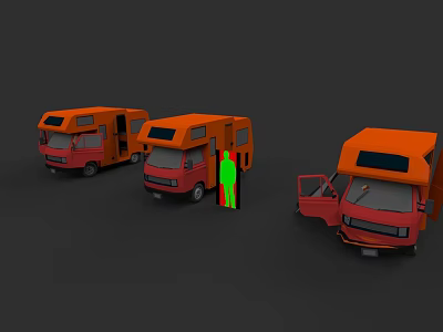 Three Orange RVs With Open Doors And Human Silhouette Design 3d model