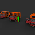 Three Orange RVs With Open Doors And Human Silhouette Design 3d model