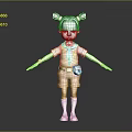 Playful 3D Cartoon Character With Bun Hairstyle Green Shirt Orange Shorts And Chest Badge