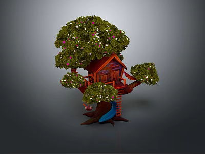Wooden Tree House Building On Tall Tree With Green Leaves Pink Flowers And Slide 3d model
