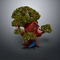 Wooden Tree House Building On Tall Tree With Green Leaves Pink Flowers And Slide
