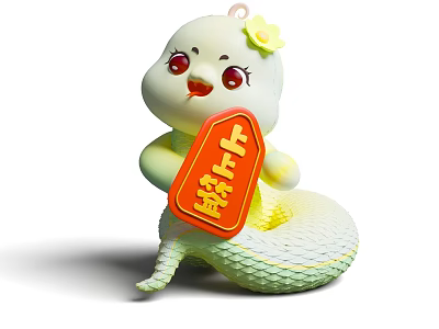 Cute White Toy Figure With Red Eyes Yellow Flower And Lucky Sign Snake Scale Pattern 3d model