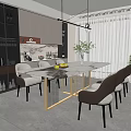 Modern Restaurant Interior Featuring Marble Dining Table Chairs Kitchen Area Wine Cabinet And Pendant Lights 3d model