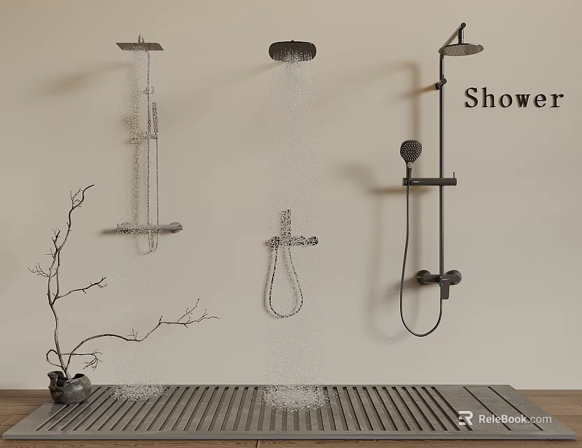 Different Types of Shower Heads Including Rainfall and Handheld with Water Flow in Modern Bathroom 3d model 