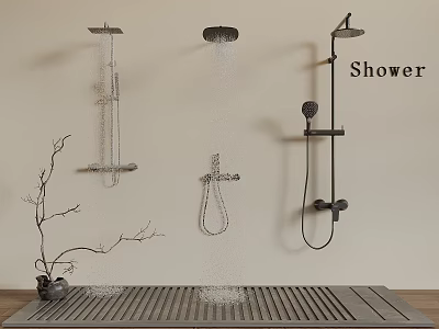 Different Types of Shower Heads Including Rainfall and Handheld with Water Flow in Modern Bathroom 3d model