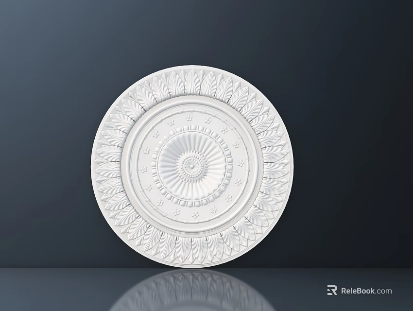 Intricate Round White Plaster Carved Ceiling Medallion With Elegant Ornate Floral Patterns 3d model 