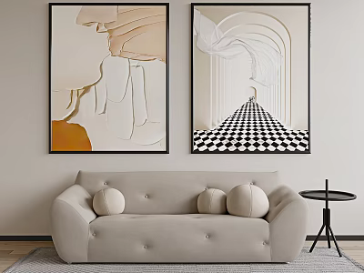 Modern Minimalist Sectional Sofa With Round Pillows And Wall Art In Living Room 3d model