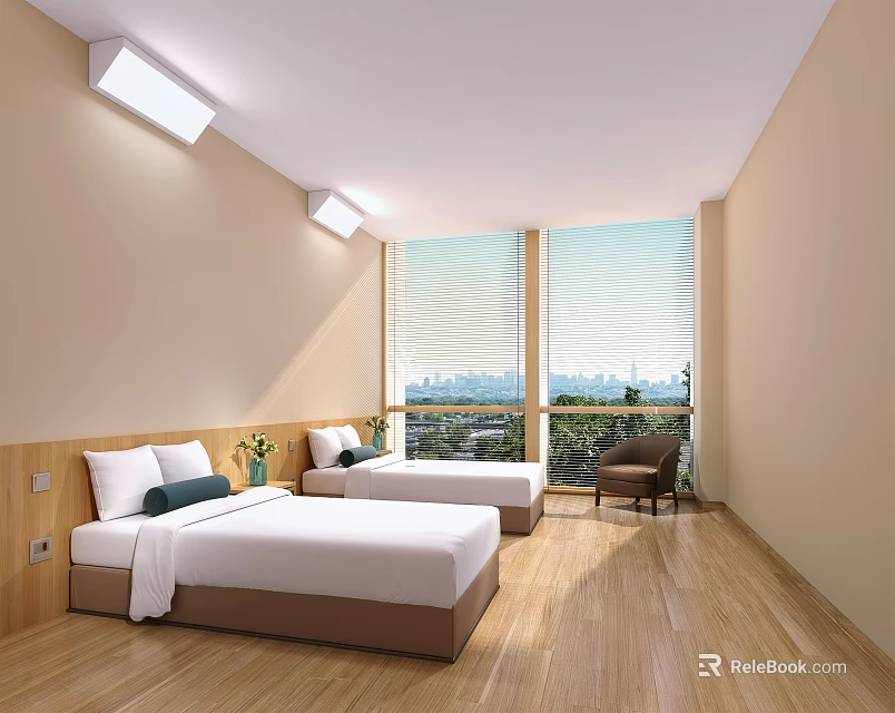 Hospital Outpatient Clinic Interior With Two Beds Wooden Flooring Large Windows And City View 3d model 