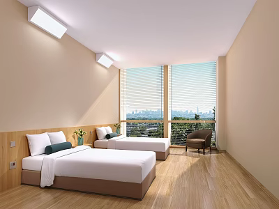 Hospital Outpatient Clinic Interior With Two Beds Wooden Flooring Large Windows And City View 3d model