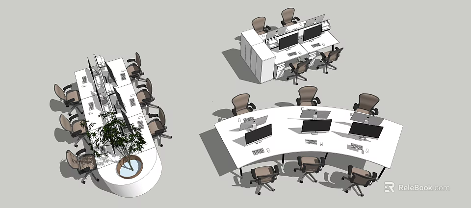 Office Desks in Various Shapes with Chairs Computers Green Plant and Clock 3d model 