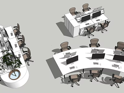 Office Desks in Various Shapes with Chairs Computers Green Plant and Clock 3d model