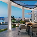 Modern Waterfront Outdoor Terrace Design With Dining Set Umbrella And Green Plants Overlooking Mountain View