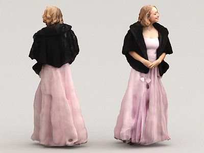 Elegant Woman in Flowy Pink Gown with Black Shawl Posing Gracefully 3d model