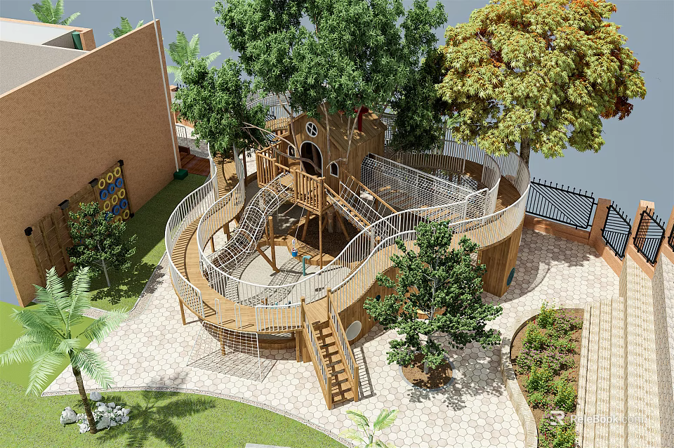 Outdoor Wooden Play Equipment With Tree House And Spiral Slide Surrounded By Green Trees 3d model 
