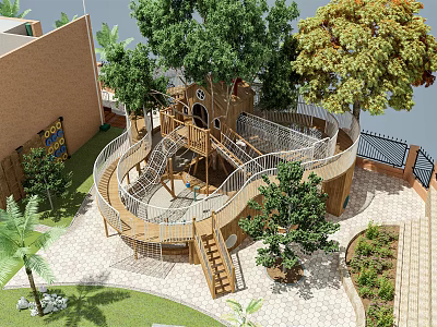 Outdoor Wooden Play Equipment With Tree House And Spiral Slide Surrounded By Green Trees 3d model