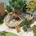 Outdoor Wooden Play Equipment With Tree House And Spiral Slide Surrounded By Green Trees