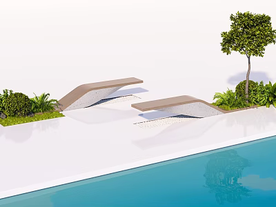 Modern Outdoor Lounge Chair By Poolside With Tree And Green Plants 3d model