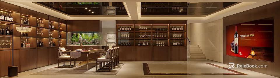 Elegant Wine Store Interior With Wooden Wine Racks Glassware Various Wines And Cozy Tables 3d model 