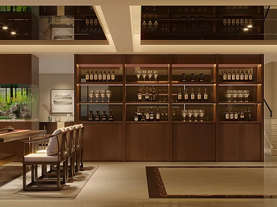 Elegant Wine Store Interior With Wooden Wine Racks Glassware Various Wines And Cozy Tables 3d model