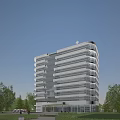 Modern Hospital Building With Glass Facade White Exterior Cross On Top Surrounded By Trees