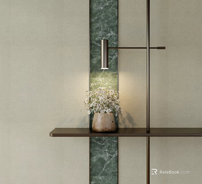 Modern Wall Lamp With Shelf And White Flowers On Light Wall With Green Marble Accent 3d model 