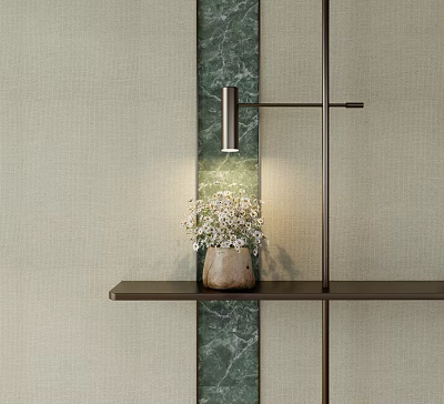 Modern Wall Lamp With Shelf And White Flowers On Light Wall With Green Marble Accent 3d model