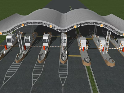 Modern Toll Plaza With Wave Shaped Roof Multiple Booths And Vehicle Lanes 3d model